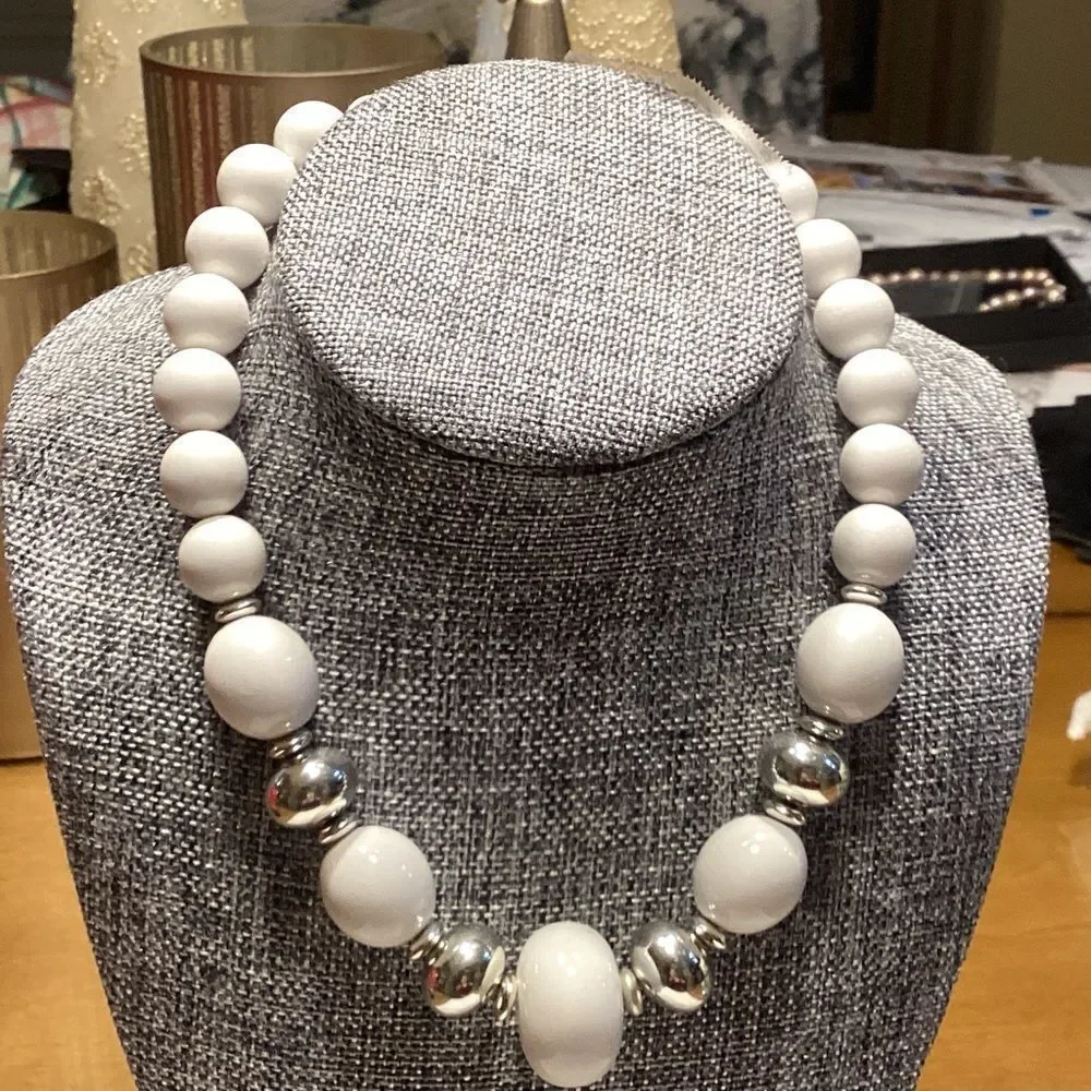 White and Silvertone Beaded Necklace